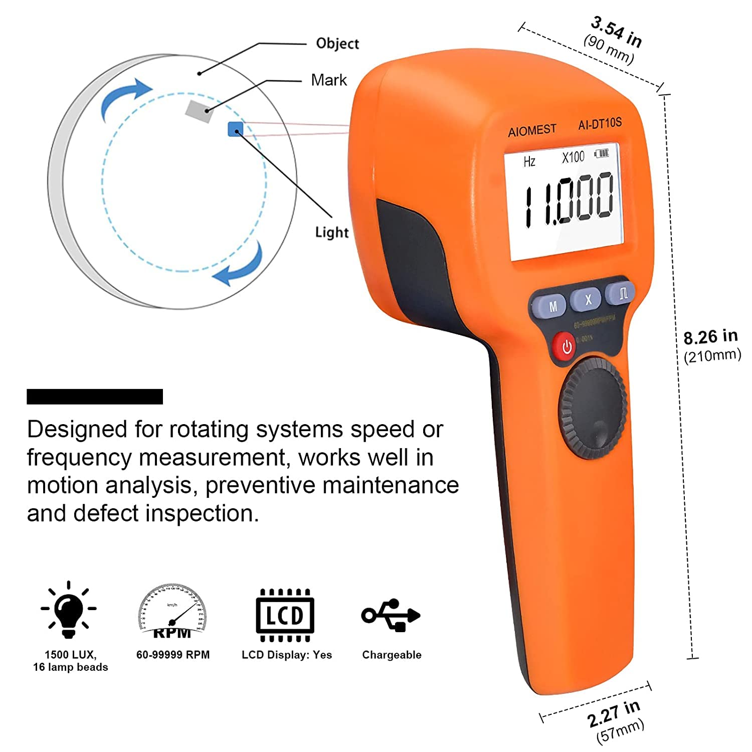 Estroboscopio RPM Digital LED - AIOMEST Medidor RPM/Hz 60~99999 - Tacómetro Sin Contacto con Luz Estroboscópica Ajustable para Probador Velocidad del Motor del HVAC - Alta Precisión 0,001%