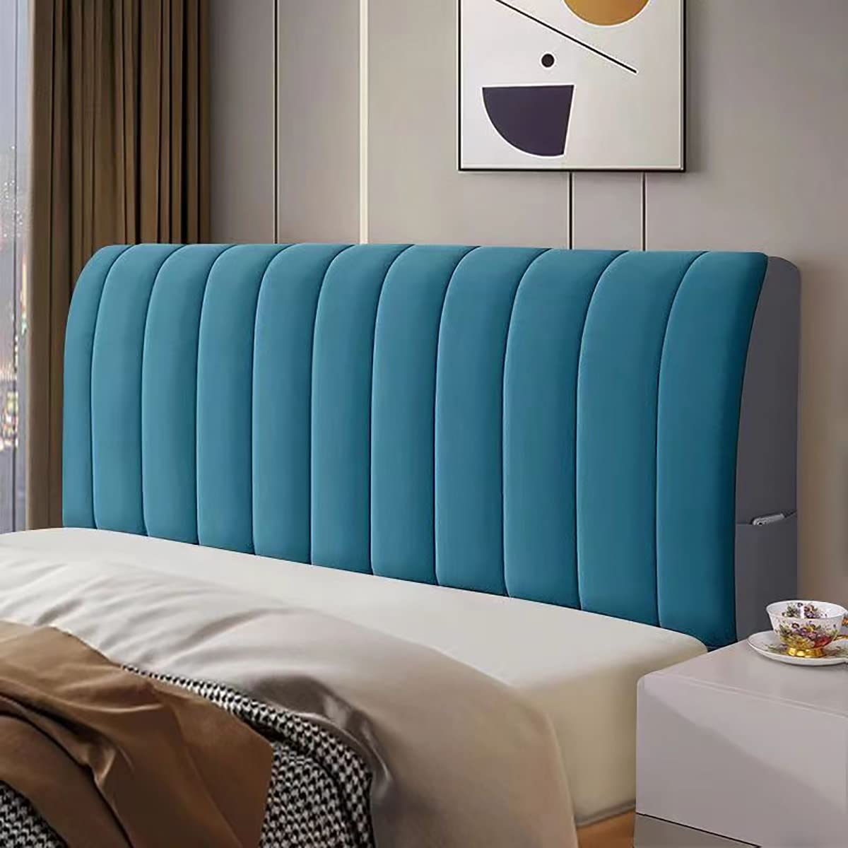 Staubdichter, dehnbarer, dicker Kopfschutz, blauer Samtbezug für Doppelbett, Kopfteil, 230 x 60 cm