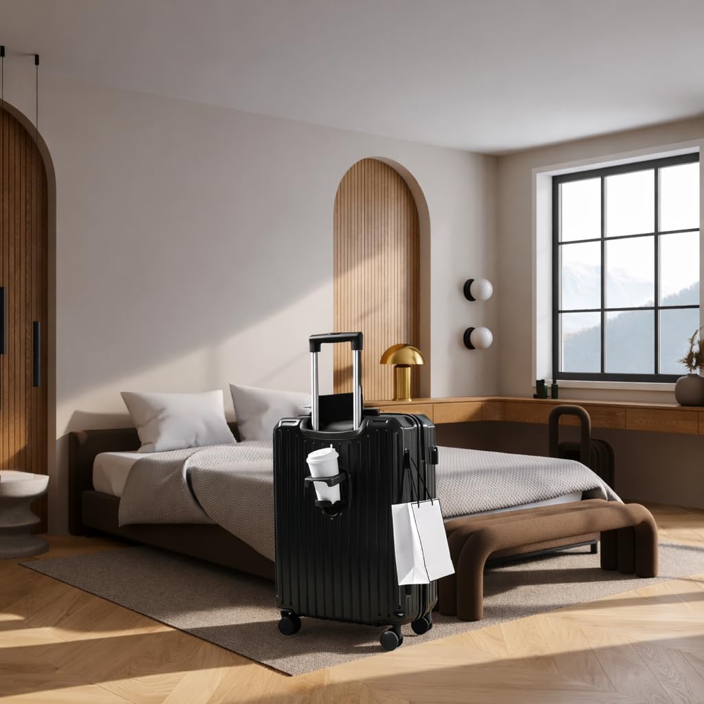 Maleta Cabina 55x38x23 cm Equipaje de Mano Rígido con Portavasos y Soporte para Móvil, Trolley de Viaje con 4 Ruedas Desmontables, Gancho para Bolsas y Doble Cerradura