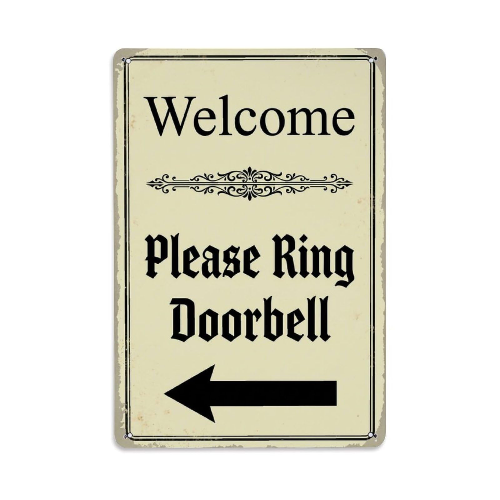 Metal Tin Sign Vintage Welcome Please Ring Doorbell Arrow Border