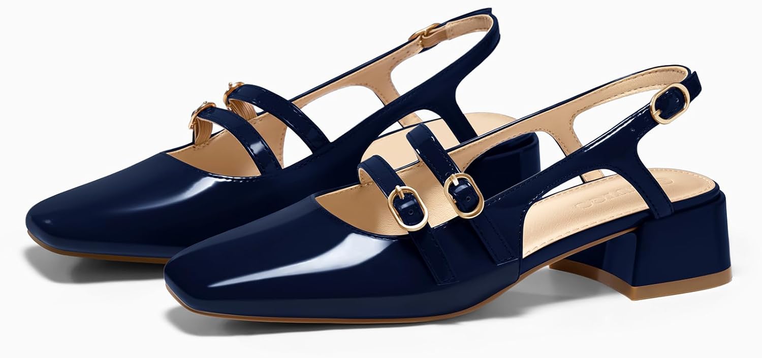 Coutgo Women's Mary Jane Chunky Low Heels Slingback Pumps Closed Square Toe Wedding Dress Shoes - Image 4