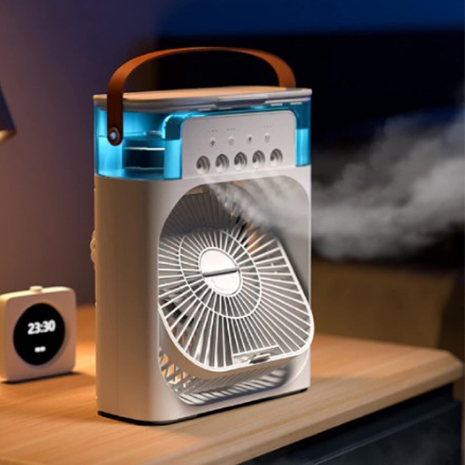 Przenośny klimatyzator 5 w 1 - chłodzenie, nawilżanie, aromaterapia, światło nocne, wentylacja; zbiornik 600 ml, głowica obrotowa 180°, 26 × 21 cm, USB | FRIOZA