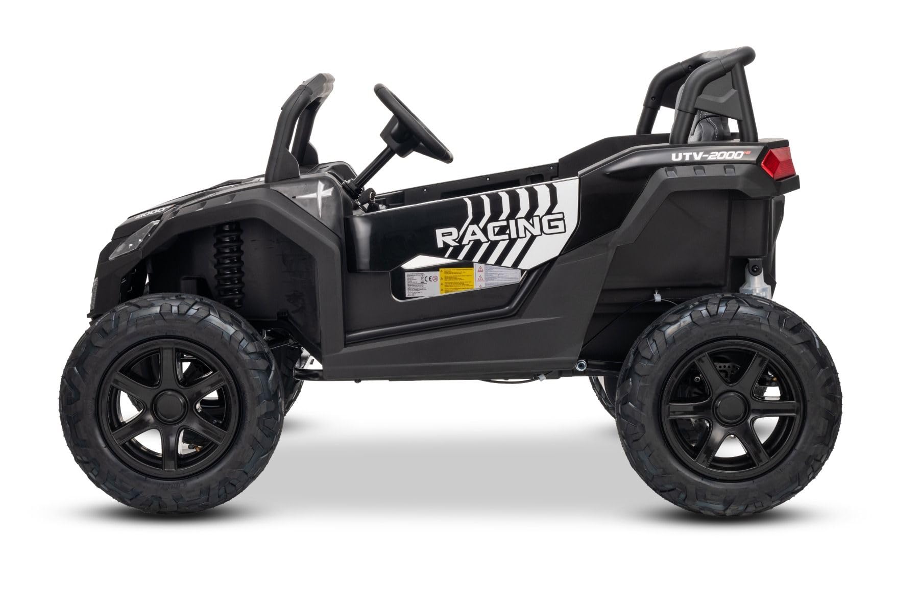 UTV XXL 24V elektryczny samochód dziecięcy, czarny, dwumiejscowy, silnik różnicowy, nadmuchiwane gumowe koła, zawieszenie tylne, hamulec tarczowy, wyściełane siedzenie, regulowana kierownica