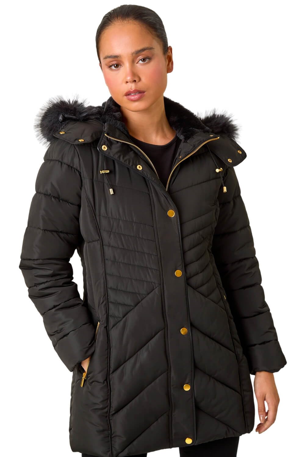 Roman Originals Women's Petite Noir Roman Quilted Padded Coat For Uk - Parka Winter Jacket Faux Fur Trim Hooded Short Autumn Waterproof Water Resistant Everyday Holiday Comfy Work - Size 14