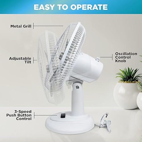 Miniatura 9 de Comfort Zone CZ161WT Ventilador de mesa oscilante de 3 velocidades de 16 pulgadas con inclinación ajustable color blanco