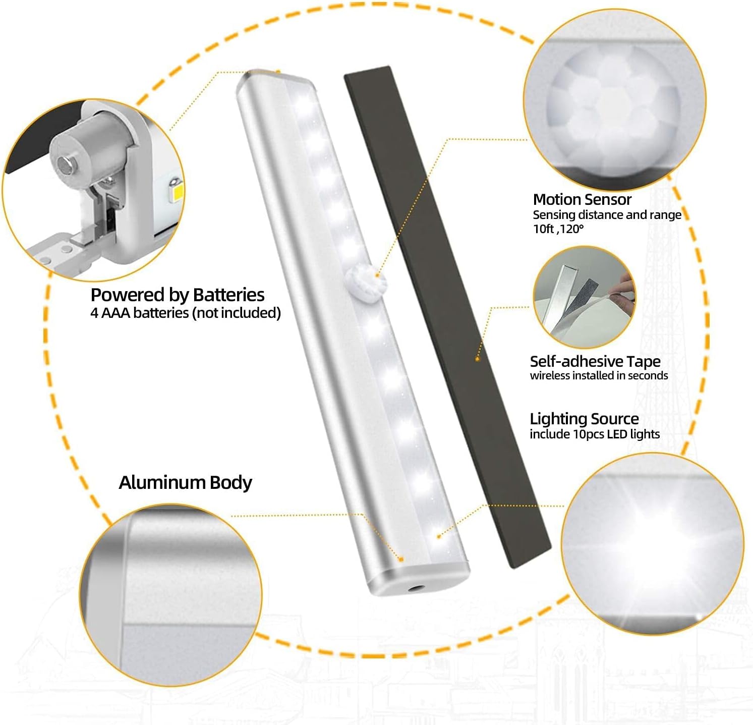 Closet Lights Motion Sensored ,TIK Tok Under Cabinet Lights,10 LED Battery Operated Lights,Magnetic Stick-on Light Under Counter Lights for Kitchen, Wardrobe