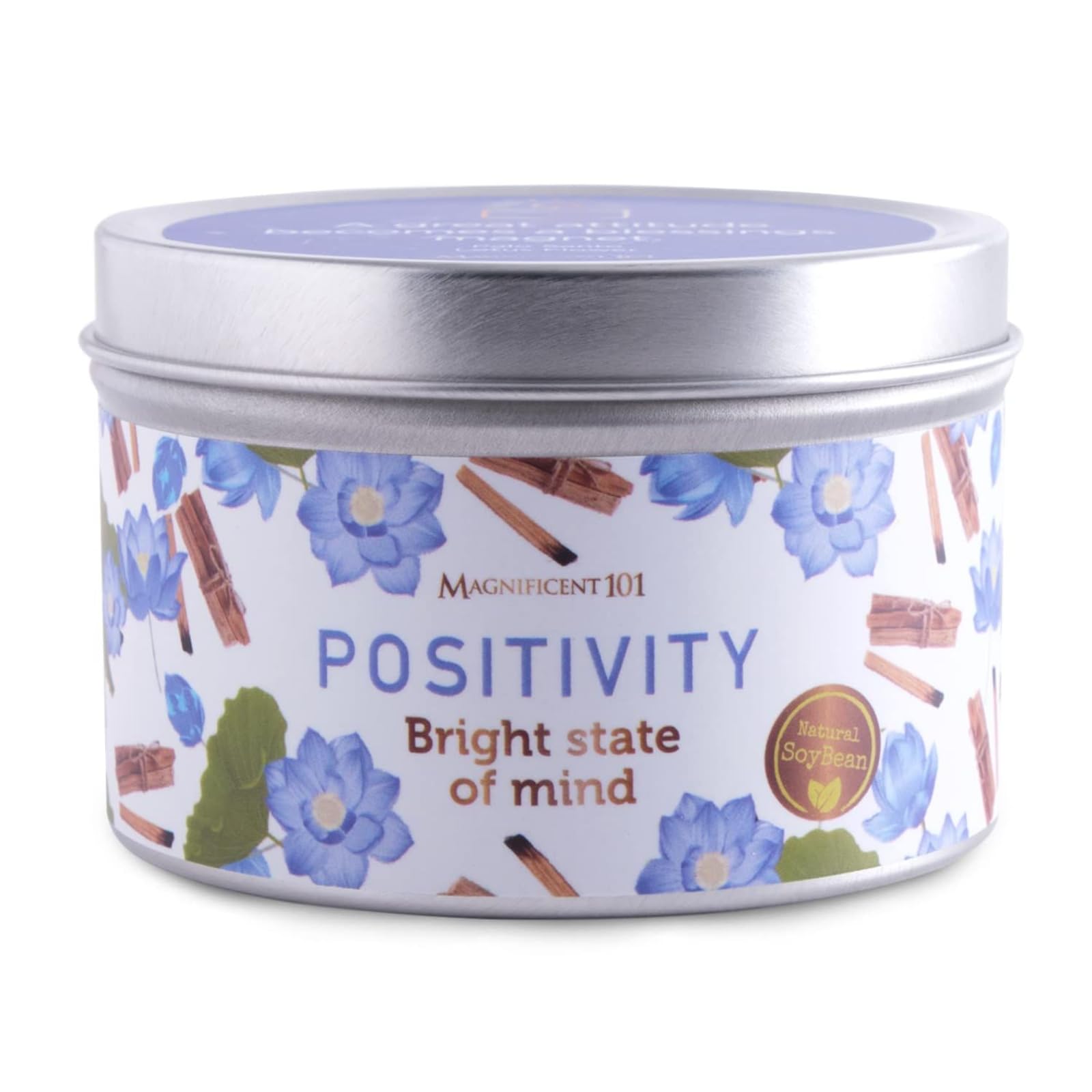 MAGNIFICENT 101 Positivity Aromatherapy Candle in 6-oz. Tin Holder: Soy Wax with Palo Santo & Lotus Flower Oils and Pure Sage Leaves for Intention Setting & Energy Cleansing