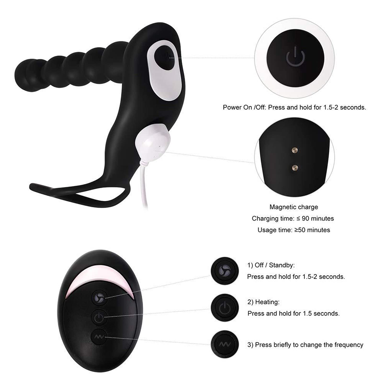 Stimulateur prostatique avec anneau anal, vibromasseur anal, stimulateur à double moteur, fonction chauffante, télécommande, neuf modes de vibration.