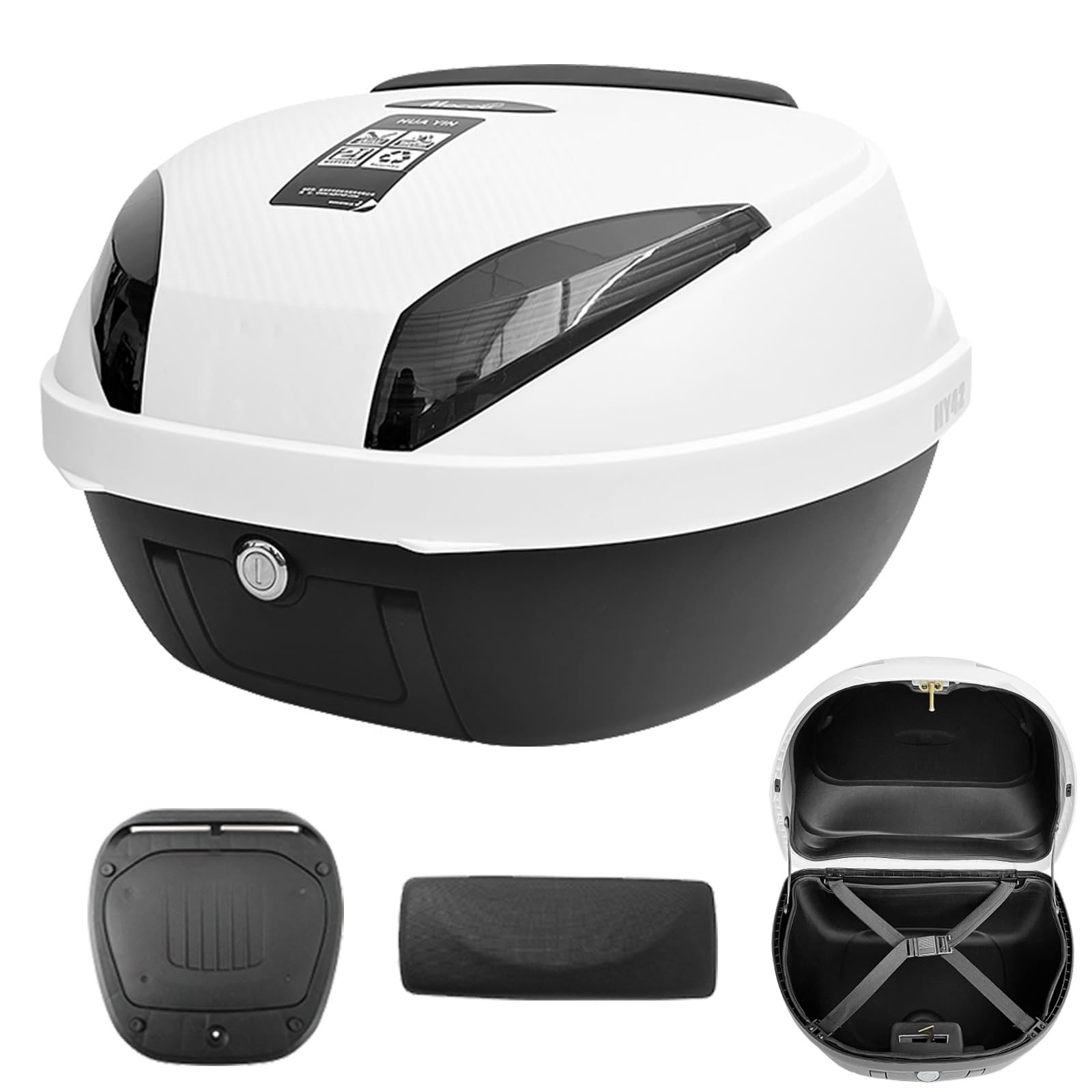 Motorradkoffer Top case Motorrad Tour Heckbox Kofferraum 42L Koffer,Scooter Kunststoffkoffer für Helmgepäck,wasserdichte Motorrad Top case abschließbar mit Rückenlehne,Platte - Weiß(Schwarz)