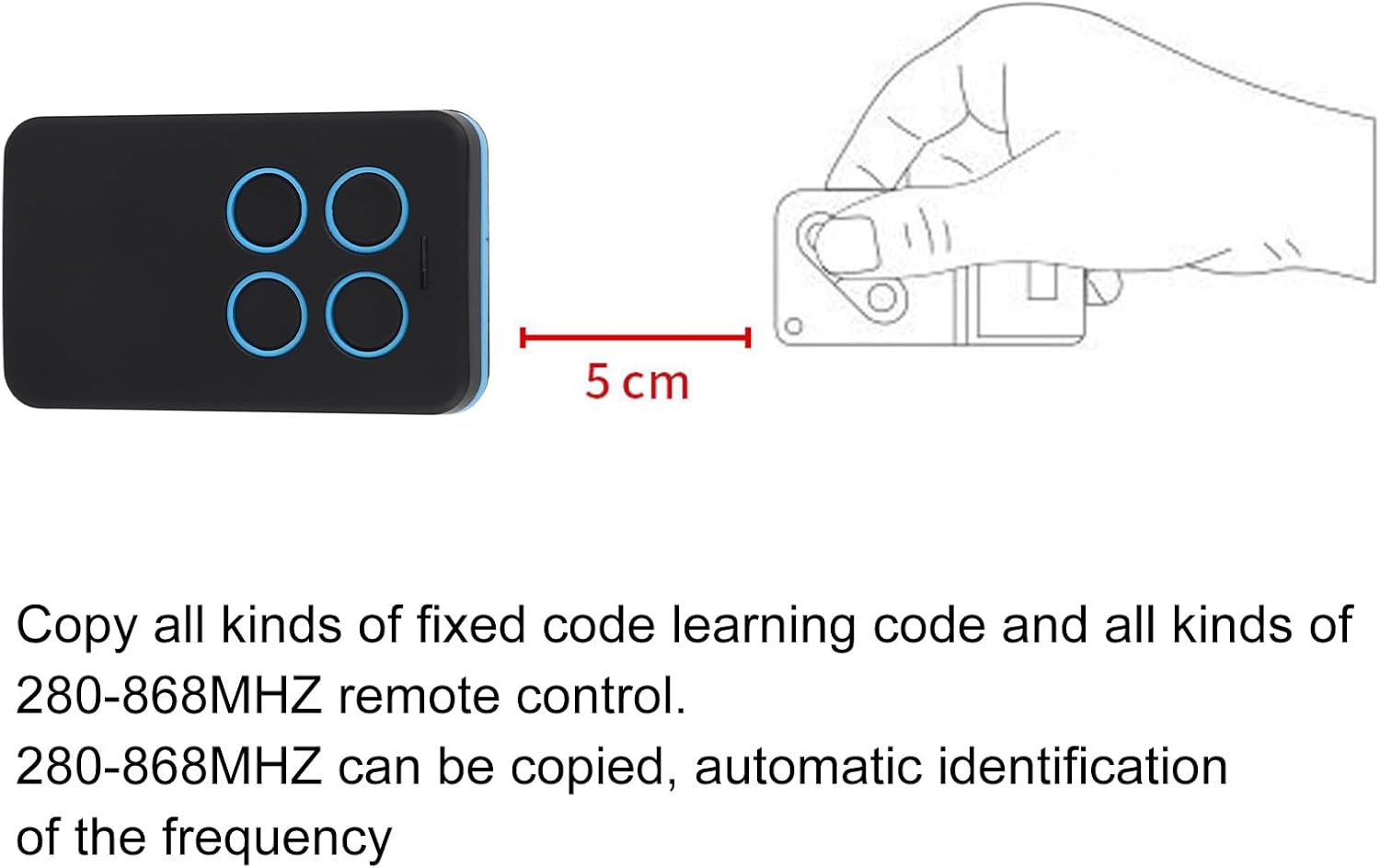 Two remote controls side-by-side for cloning, with a 5 cm distance indicator.