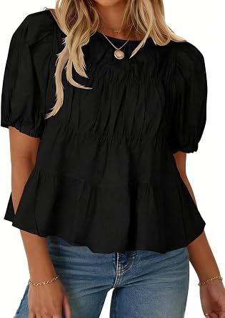 Womens Puff Short Sleeve Babydoll Peplum Tops Cotton Tshirts Summer Dressy Casual Smoked Pleated Cute Flowy Blouse Tee 2026 Black L