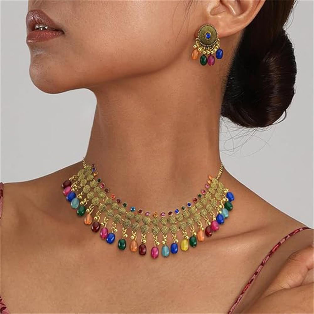 Colorful Bohemia Indian Jewelry Set for Women Boho Ball Tassel Crystal Statement Choker Necklace Vintage Bead Chandelier Dangle Drop Earring Bollywood Traditional Jewellery for Jhumka Festival Holiday - Image 2