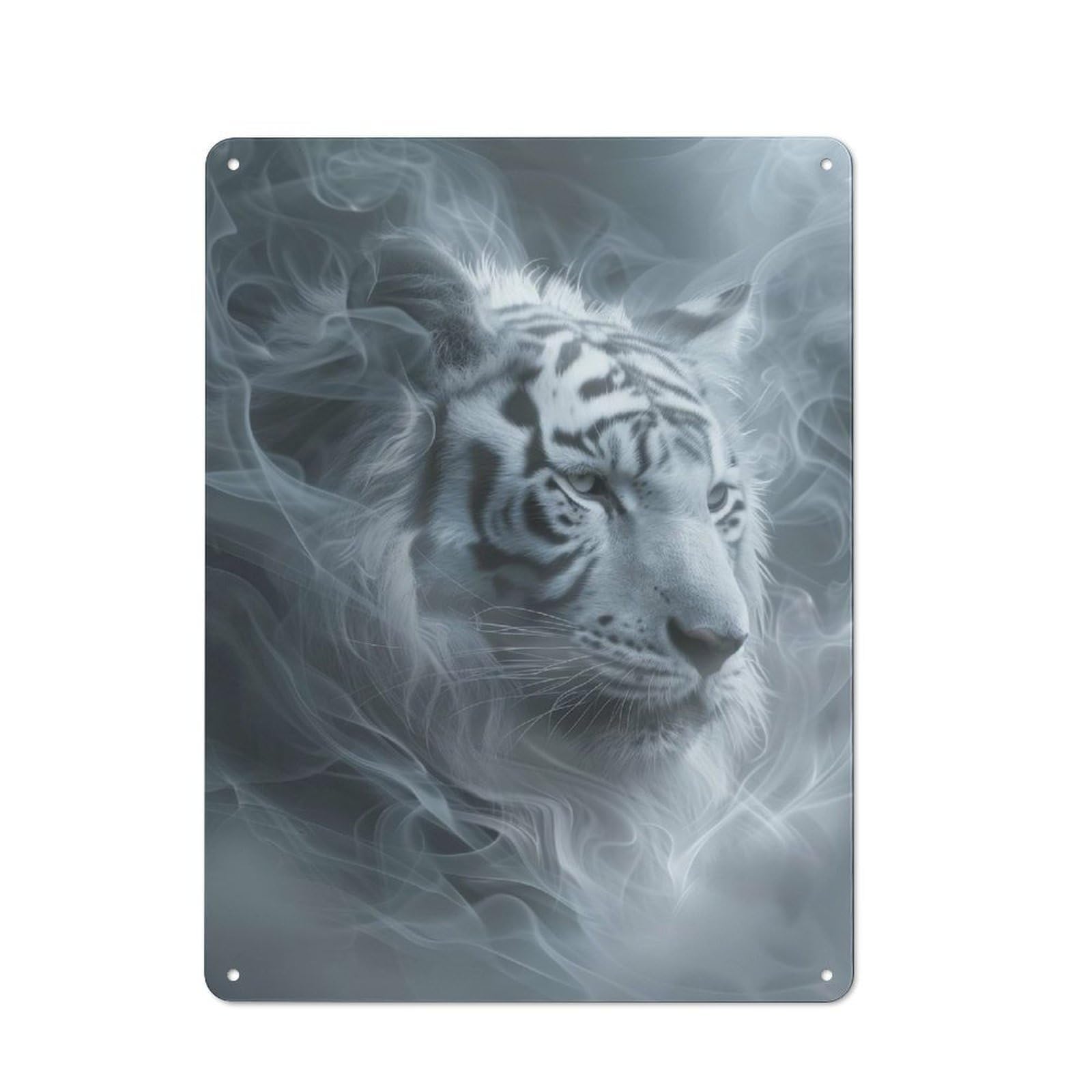 Junmoney White Tiger In Smoke Rustic Tin Sign 40X30cm For Living Room Or Hallway, Suited To Living Room Decor Lovers