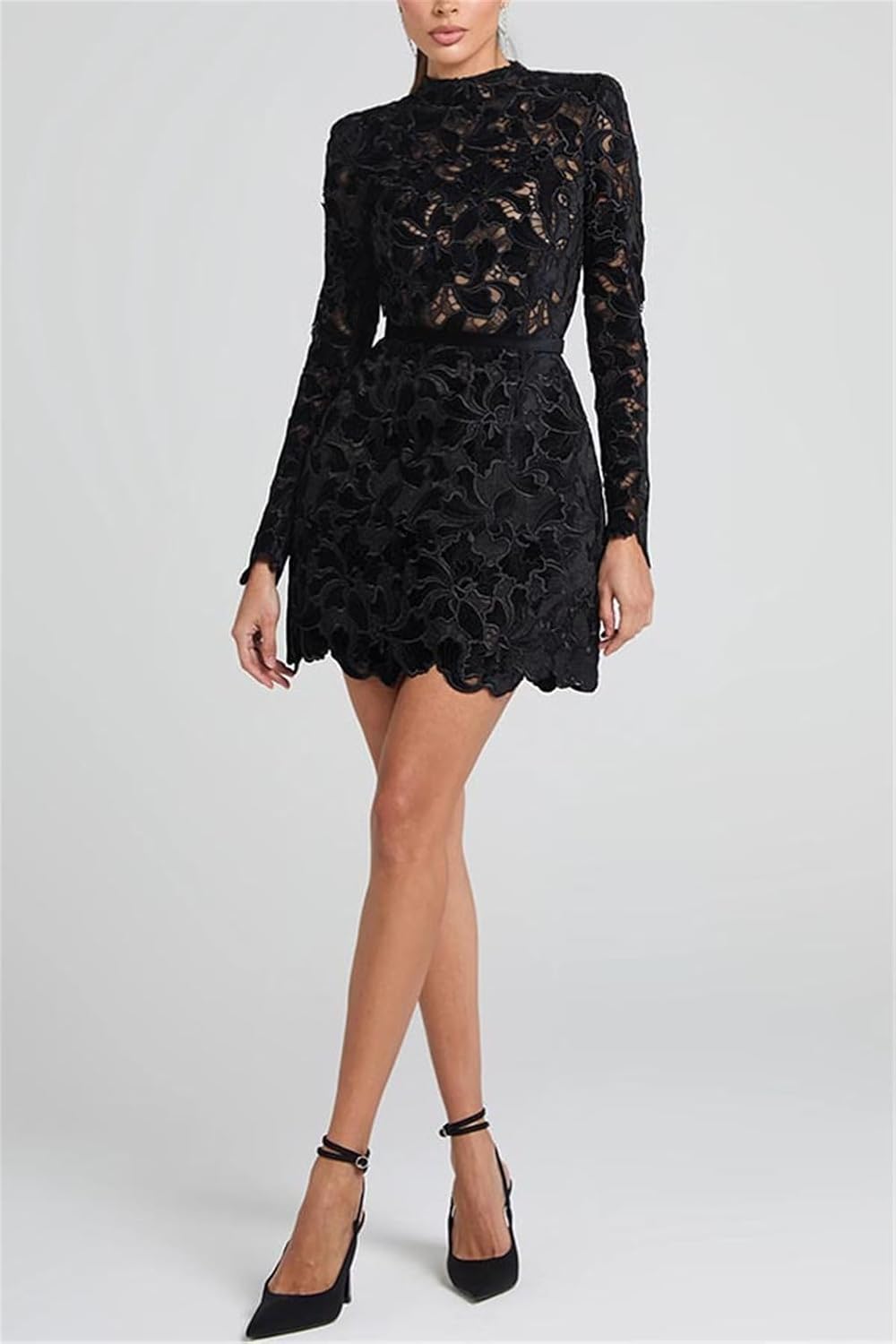 Womens Sexy Long Sleeve Solid Color Lace Crochet Hollow Party Dress Nightclub Dress - Image 3