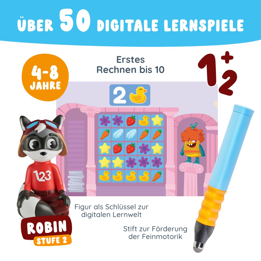 Edurino Robin - Juego de iniciación (primer cálculo hasta 10 (nivel 2) a partir de 4 años, incluye lápiz capacitivo, juego educativo innovador y digital, comprensión de números, ordenar y ordenar