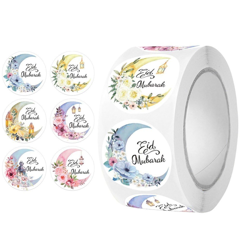 Ppmter Multicolor 500 Pcs Ramadan Stickers, Round Eid Mubarak Sticker Roll Self-Adhesive Ramadan Labels For Gift Tag Wrapping Muslim Party Decoration