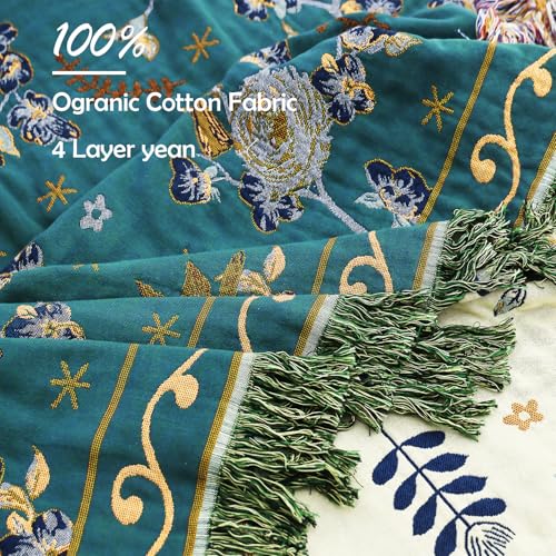 Boho 100% Organic Cotton Muslin Large Throw Blanket 60" x 80" - All Season Rustic Ultra Soft Breathable Floral Bird Blanket for Bed Sofa Couch Chair Bedspread Quilt Gift,-Teal,Beige