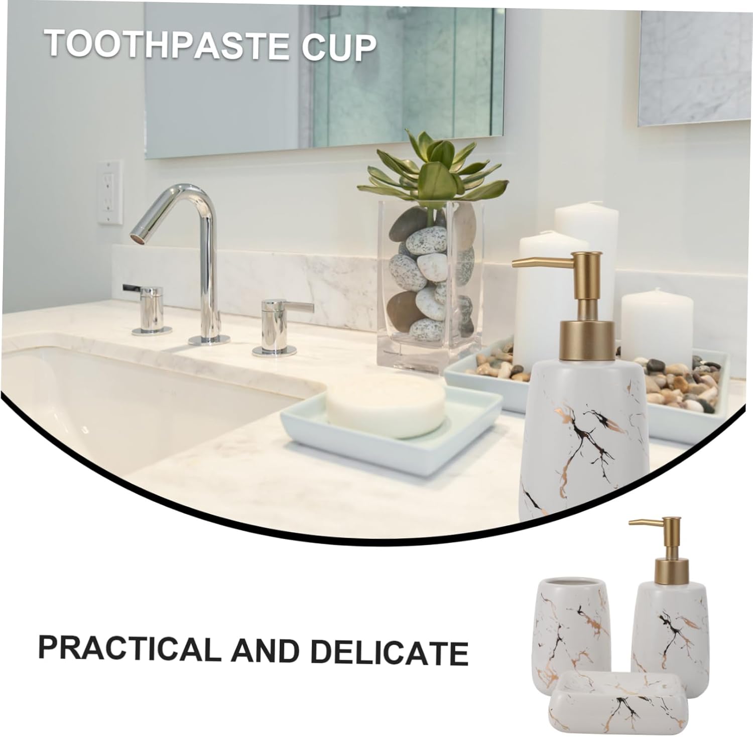 VICASKY 3pcs Bathroom Accessories with Toothbrush Holder Soap Tray and Lotion Bottle Multi Purpose White Wash Cup for Organized Clean and Tidy Vanity Decor