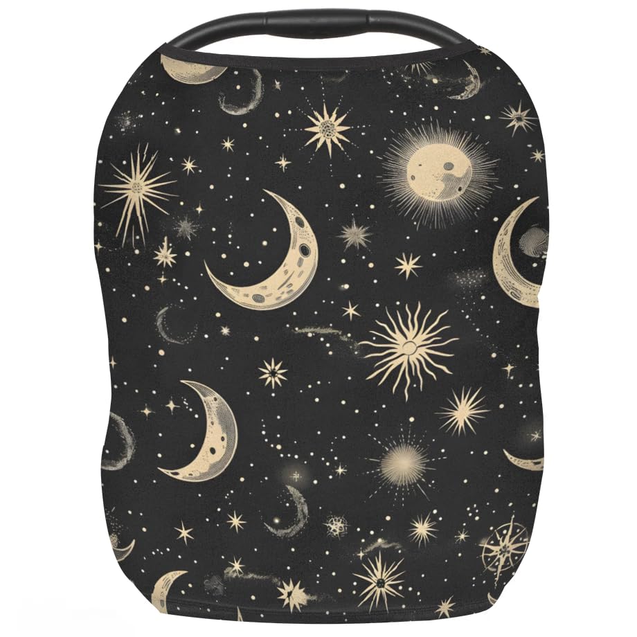 Image of Breathable Car Seat Cover for Babies, Women Nursing Covers, Multi Use Car Seat Canopy Cover, Infant Car Sun Shade Covers Windproof, Boy & Girl Shower Gifts (Moon & Stars Black)