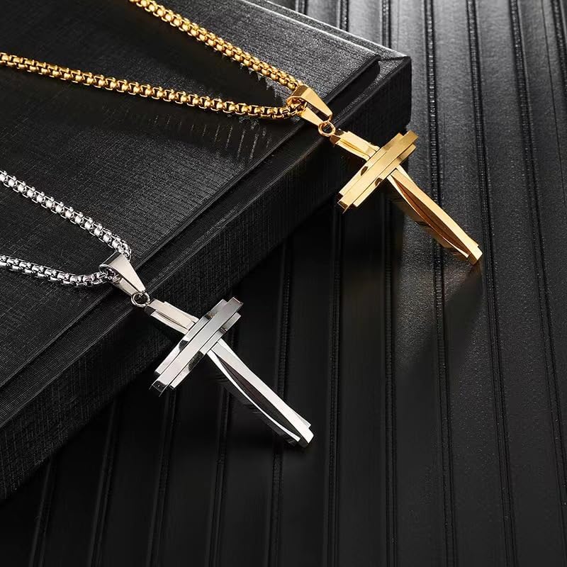 Men's Stainless Steel Large Jesus Christ Cross Pendant Necklace With Byzantine Chain 22 24 26 inch,Black/Gold/Silver - Image 4