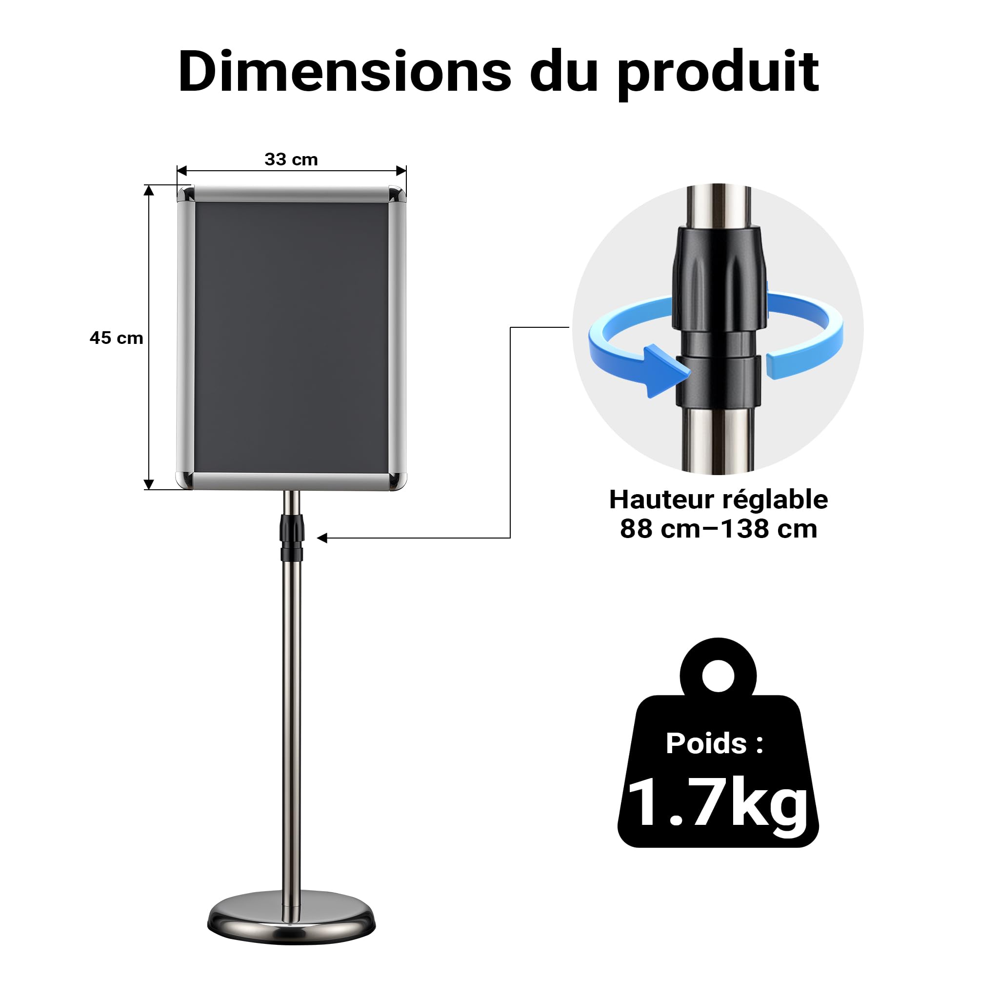 Wiltec Présentoir sur pied A3 – Hauteur réglable 88-138 cm – en Aluminium et acier inox – Support Stop client pour Documents, Brochures, Affiches