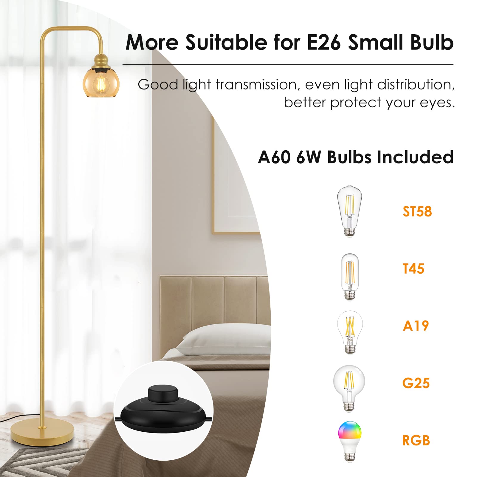 Lámpara de pie moderna para sala de estar con bombilla LED de 6 W, lámpara de pie industrial, vidrio ámbar, lámpara alta de lectura clásica para oficina en casa, lámpara de pie para estudio, 6