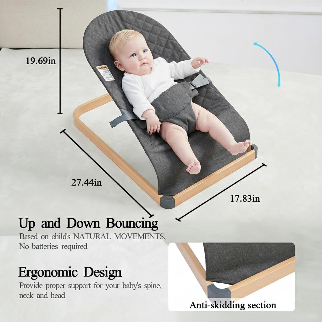 Baby Bouncer, Portable Infant Bouncer Seat with Soft Breathable Fabric, Contoured Supportive Rocker for 0-9 Months, Foldable Baby Swing Chair with 3-Point Harness for Indoor Outdoor, Grey