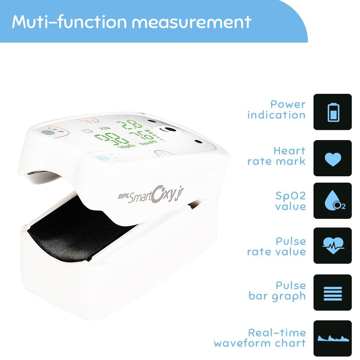 BPL Medical Technologies Smart Oxy Junior Fingertip Pulse Aximeter for children. High accuracy | SPO2 | Perfection Index | OLED performance | Heart rate | Age Limit - 3-12 years - White BPL Medical Technologies Smart Oxy Junior Fingertip Pulse Aximeter for children. High accuracy | SPO2 | Perfection Index | OLED performance | Heart rate | Age Limit - 3-12 years - White