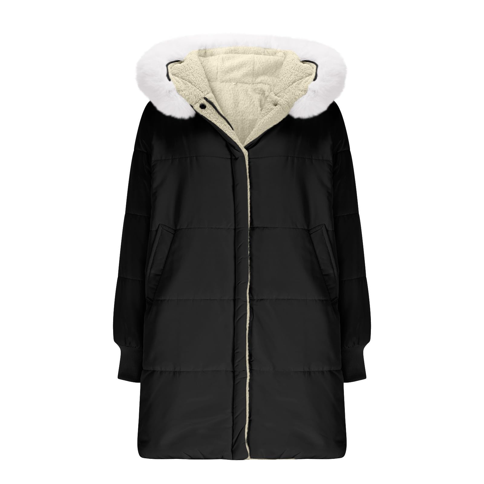 Generisch Wintermantel Damen Lang Winterjacke Elegant Puffer Jacke Warm Gefüttert Winterparka Winter Mantel Parka Steppmantel Reißverschluss Daunenmantel Pufferjacke mit Kapuze und Taschen