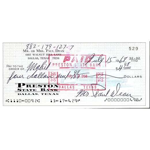 Paul "Daffy" Dean (d.1981) Signed Personal Check 1968- St. Louis Browns/Cardinals/New York Giants- COA