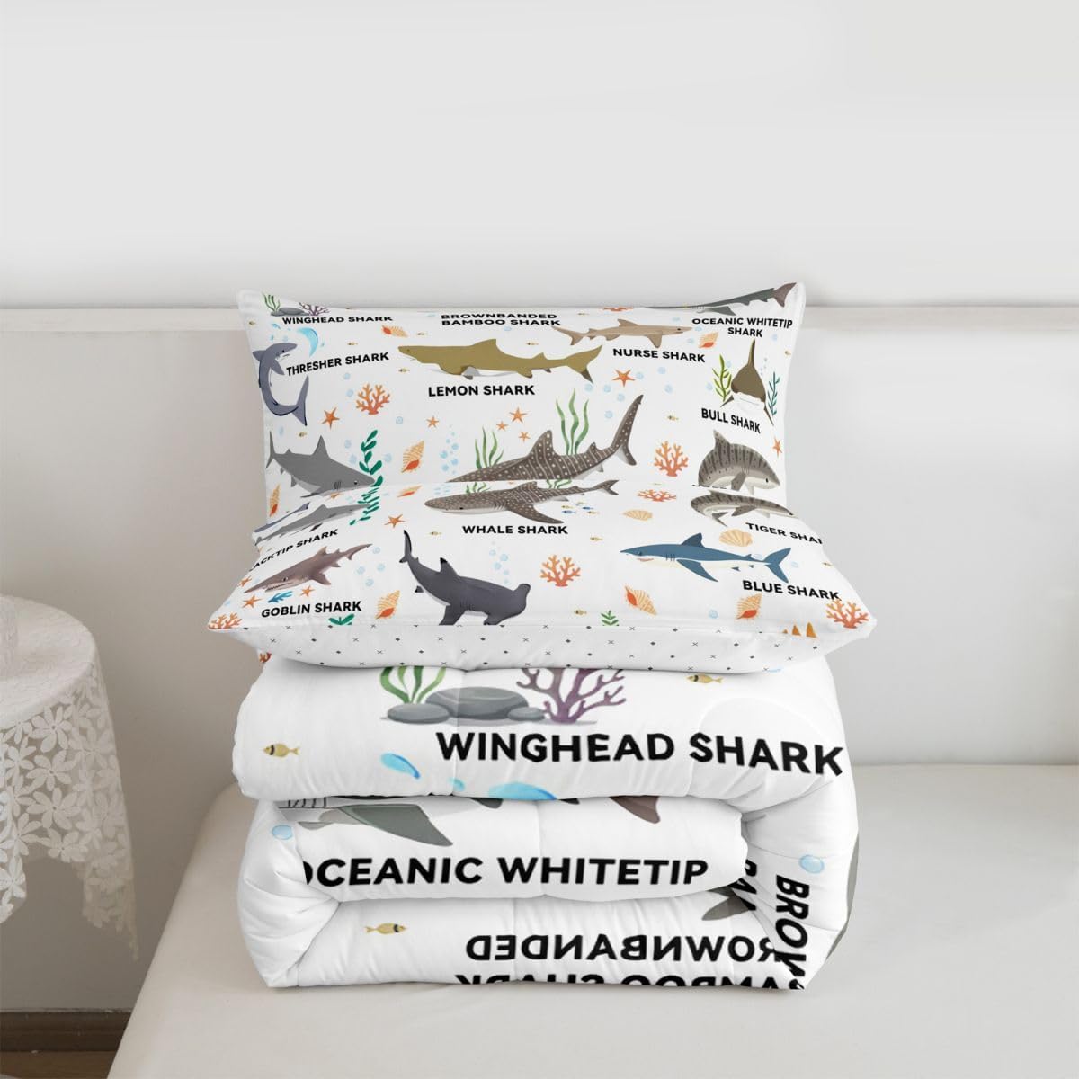 Feelyou Boys Sharks Comforter Set Ocean Sea Shark Bedding Set with 1 Pillow Cases Underwater Animal Microfiber Kids Twin Bedclothes Nautical Marine Bedroom Decor Duvet Quilt Breathable Soft All Season