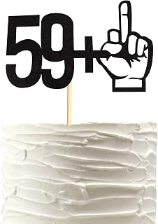 59 +1 Middle Finger Black Glitter Cake Topper - 60th Birthday Party Decorations - Funny Sixty Years Old Birthday Party Supplies