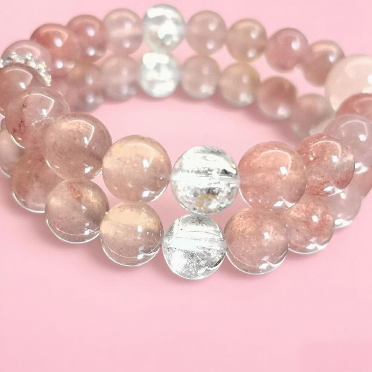 Natural crystal bracelet featuring 13mm beads and silver accents, handcrafted and one-of-a-kind. This versatile, high-end stretchy bead bracelet for women is perfect for personal wear or as a gift. - Image 4