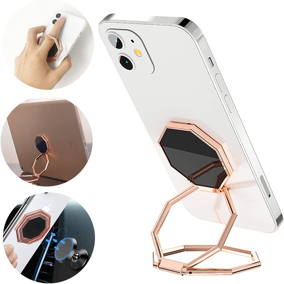 KolorFish Ring Holder Finger Kickstand, Foldable 360° Rotation Mobile Phone Stand for Desk, Magnetic Car Mount, Metal Multi-Angle for Phone Back Grip (Rose Gold)-image-36