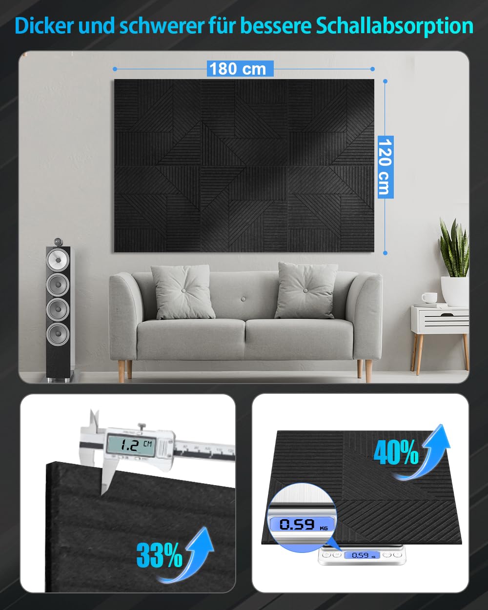 6 pannelli acustici autoadesivi 60 x 60 x 1,2 cm, pannelli acustici in poliestere per isolamento acustico, pannelli fonoassorbenti ad alta densità, per studio, ufficio, nero