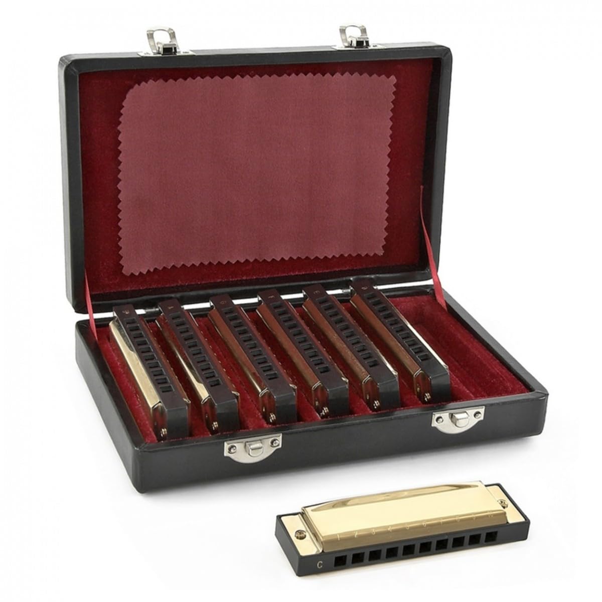 Set di 7 armoniche Golden Blues con 10 fori di Gear4music | Set di 7 Armoniche in Diverse Tonalità A Bb C D E F G, Custodia da Esposizione con Interno in Peluche, 10 Foro