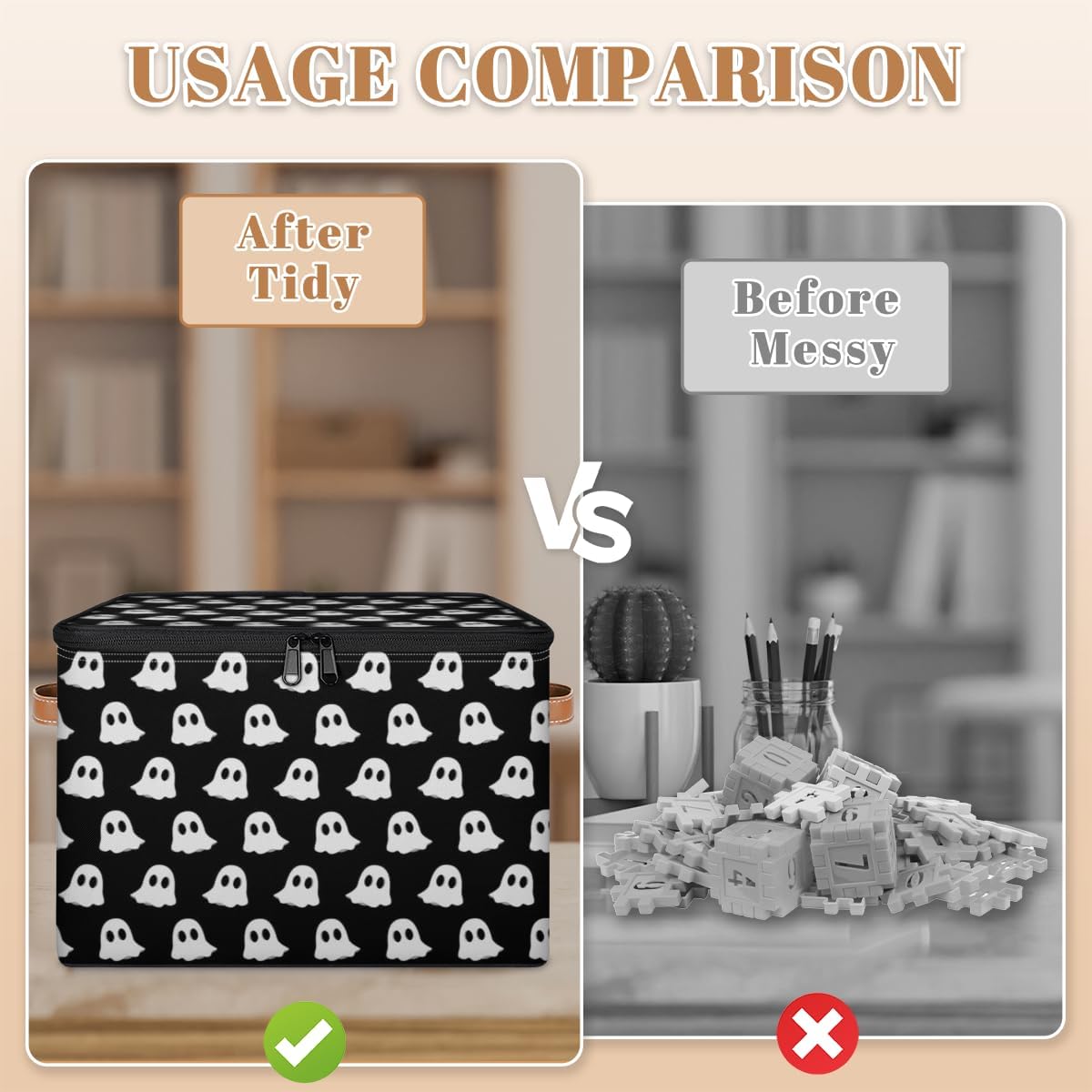 Storage Bin Set of 2 Ghost Storage Basket with Zipper Lid & Handle Foldable Closet Shelf 2 Pack Cloth Organizer Basket Cube Bins Clothes Organizer for Bedroom, Nursery