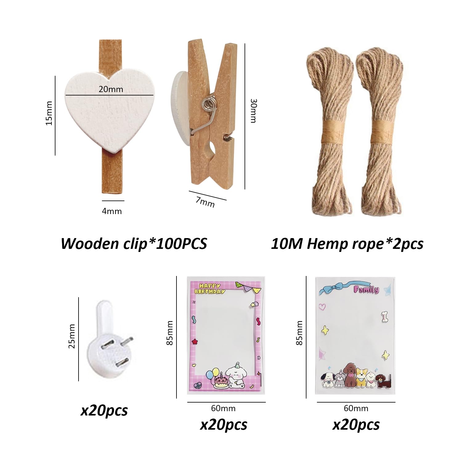 Lot 100 Clips En Bois + 10m Ficelle + 20 Porte-cartes | Décoration Murale DIY, Photos, Cartes De Vœux