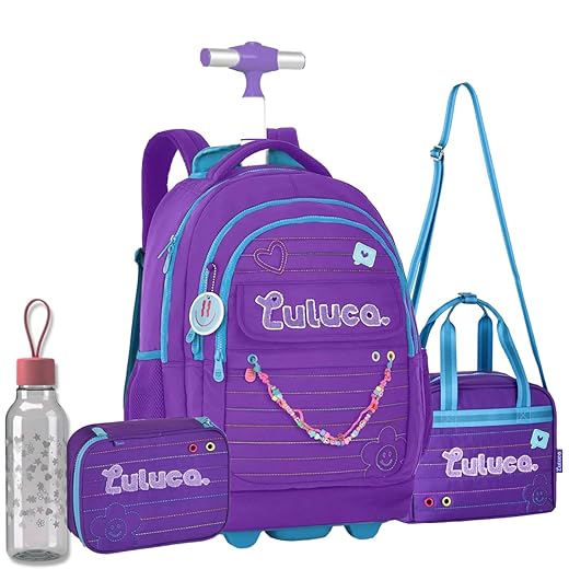 Kit Mochila Infantil Rodinha Luluca Letras bordadas com Lancheira e Estojo Box Roxa e Garrafa