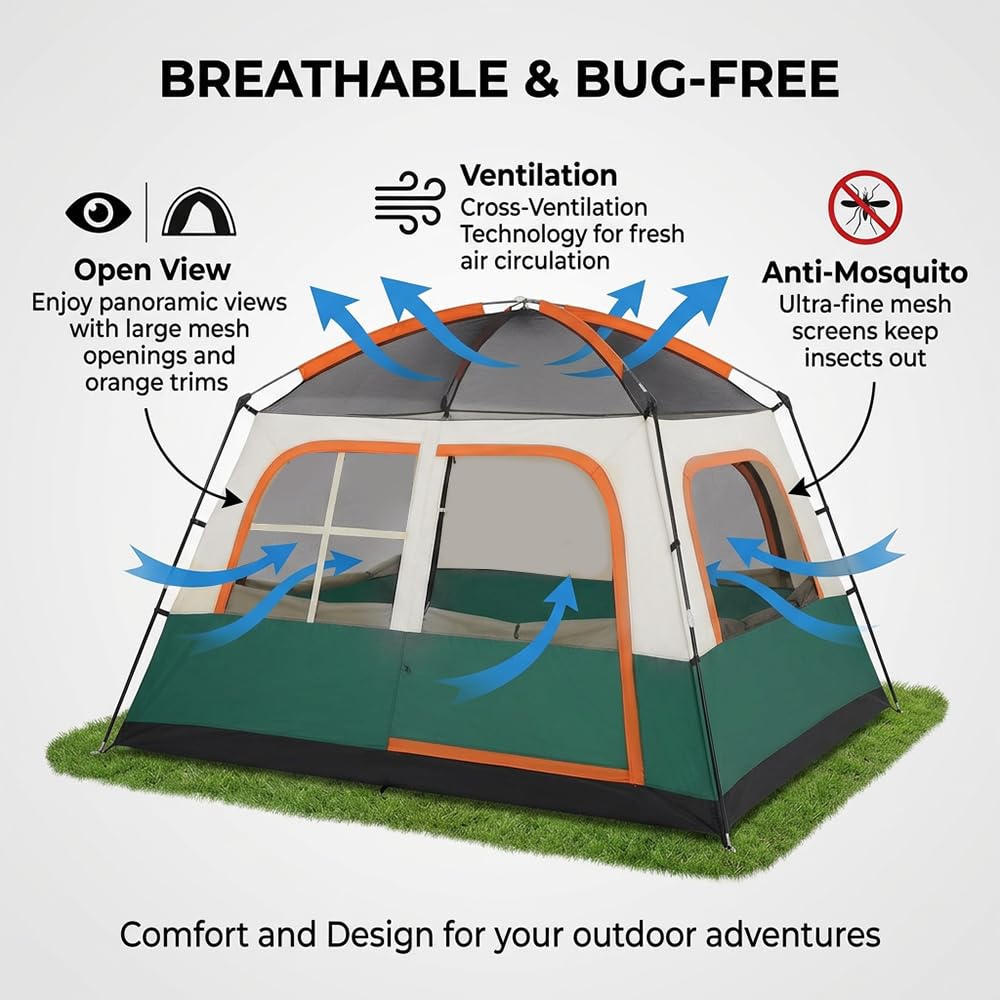 Familienzelt für 4 Personen, Tunnelzelt mit 2 Schlafkabinen und Vorzelt, 10 Min Schnellaufbau, 3000 mm wasserdichtes Campingzelt mit UPF 50+, leichtes Zelt für Familien-Camping und Outdoor