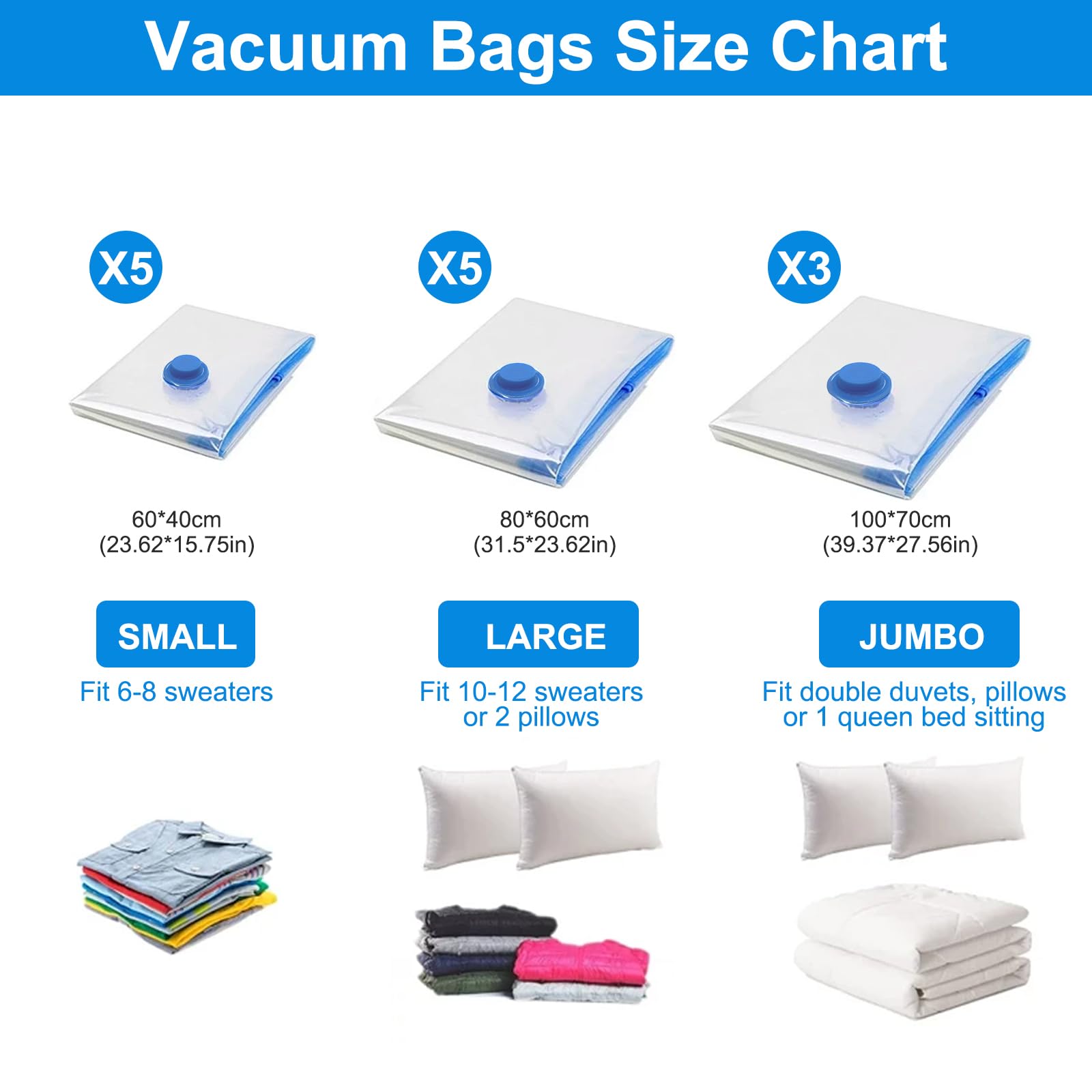 Lot de 13 sacs de rangement sous vide pour vêtements avec pompe électrique (3 grands/5 grands/5 petits) - Sacs de rangement pour couettes, couvertures, oreillers, linge de lit - Réutilisables - Pour