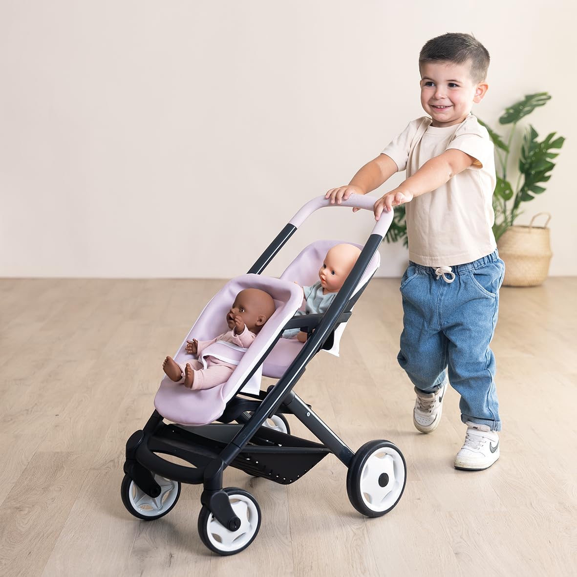 Smoby - Maxi-Cosi - Poussette Jumeaux Rose - Jouet d'Imitation - Balader 2 Poupons Jusqu'à 42 cms - Roues Silencieuses et Multidirectionnelles - A Partir de 3 Ans - Fabrication Espagnole