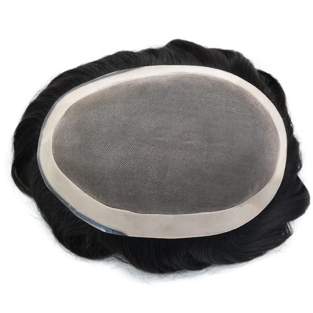 Mens Toupee Wigs Hair System for Men Human Hair Piece Replacement Fine Mono Mens Hair Unit Poly Skin Around Monofilament Toupee for Men (7''x9'', #1B Off Black-140% Medium to Med-heavy Density)