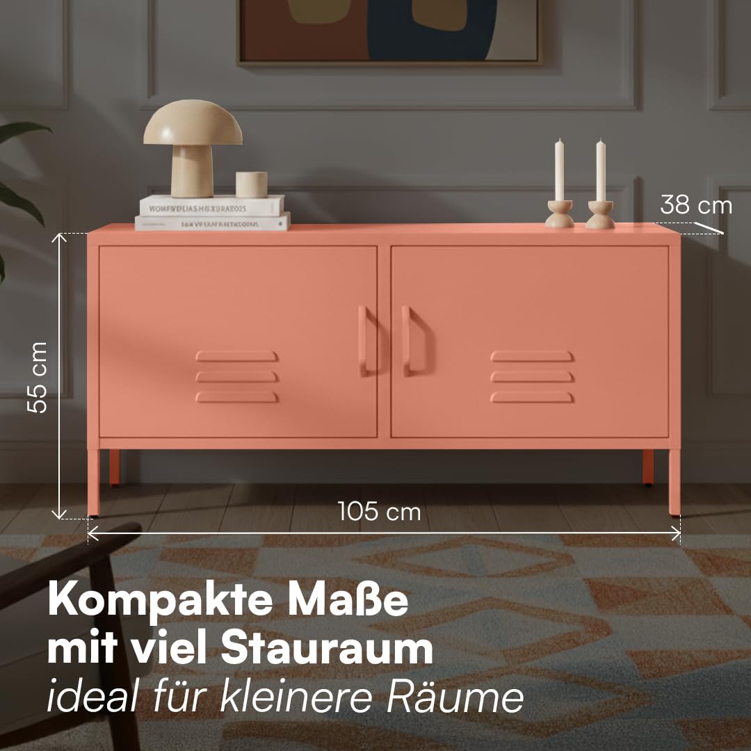 skølm Atria Lowboard aus Metall – TV Schrank in Terrakotta – Fernsehtisch mit 4 verstellbaren Fächern – TV Board 105x38x55 cm (BxTxH) – Sideboard / Fernsehschrank / Wohnzimmerschrank / Metallschrank