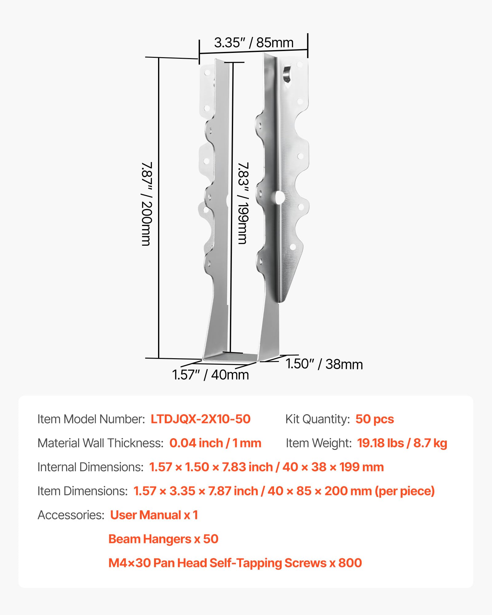 VEVOR 50 Pezzi di Ganci per Travi, Dimensioni Interne 40 x 38 x 199 mm, Gancio Soffitto Antiuragano con Rivestimento Antiruggine, Staffe di Fissaggio per Travi del Pavimento e del Soffitto
