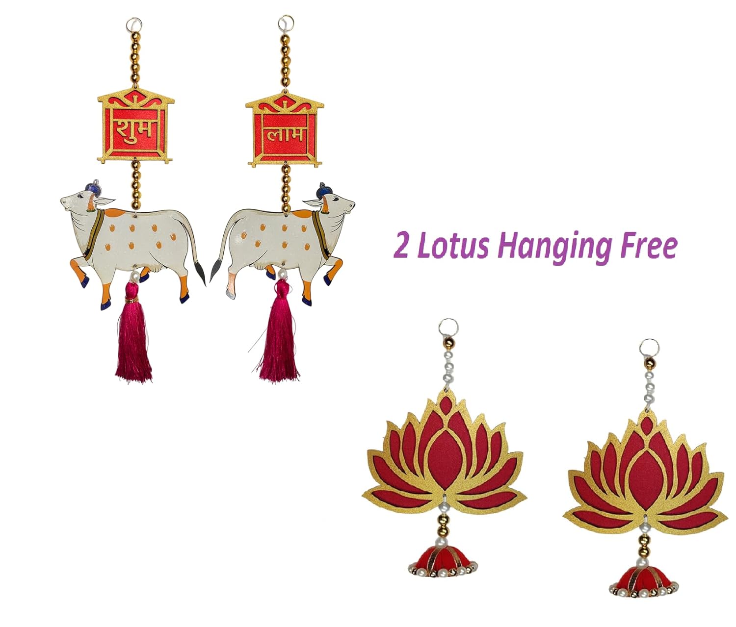 WOODGLORY 2 Tier Set of 2 Pink Cow pichwai shubh labh Wall Door Hanging