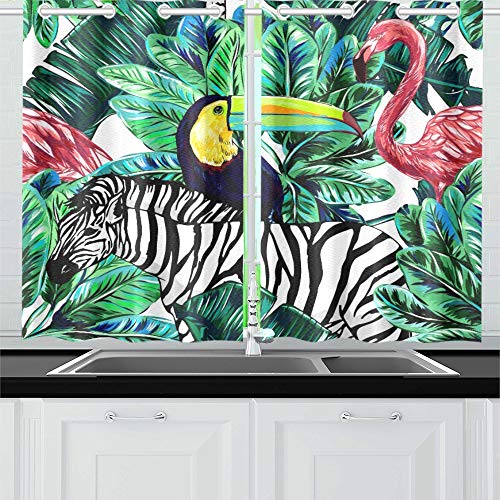 Enevotx Animal Flamingo Bird Zebra Palm Leaves Kitchen Curtains Window Curtain Tiers For Café, Bath, Laundry, Living Room Bedroom 26 X 39 Inch 2 Pieces #TOP22