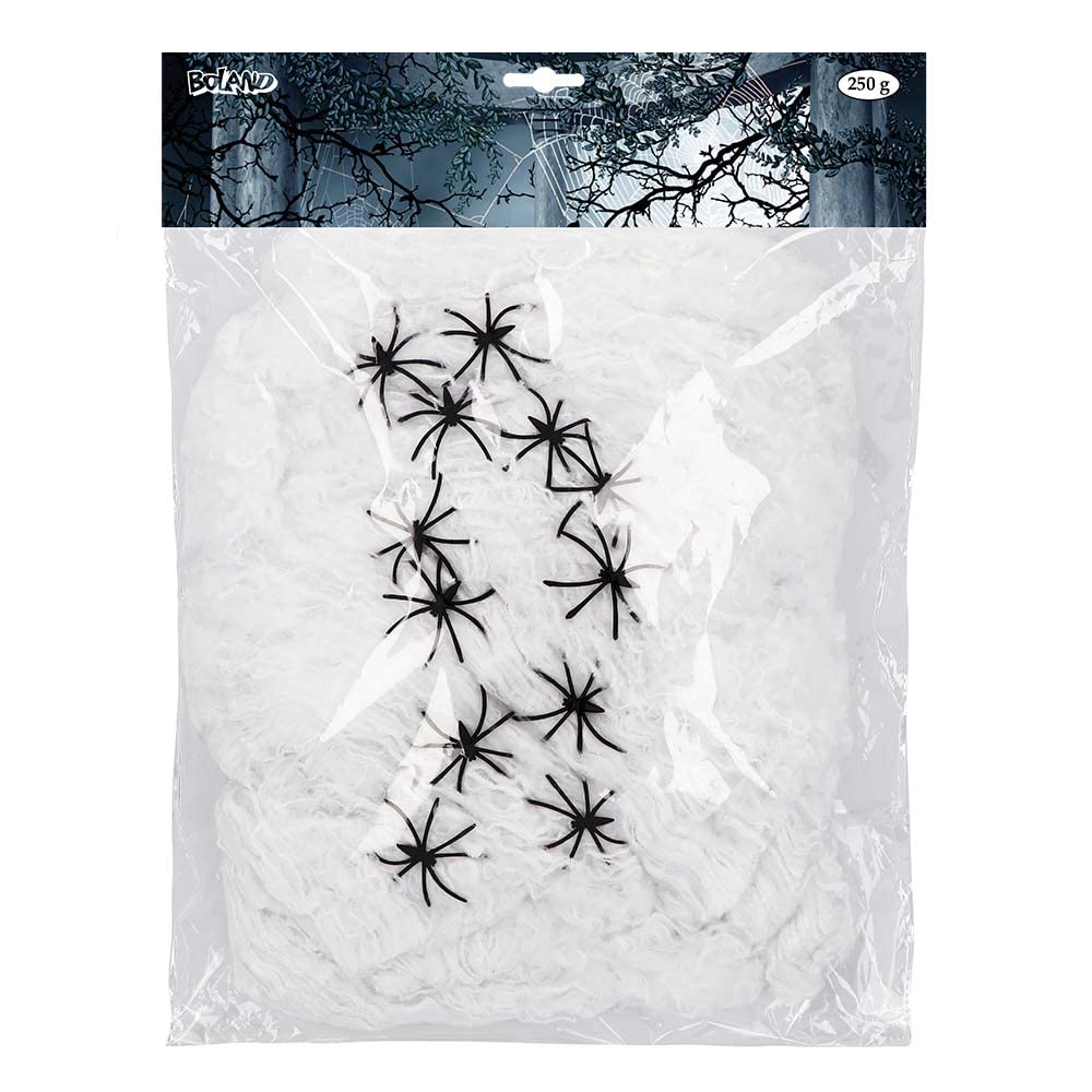 Boland 74417 - Spider Web with Decorative Spiders, 250 g Fabric and 12 Small Plastic Spiders, Decoration for Halloween, Carnival and Theme Party