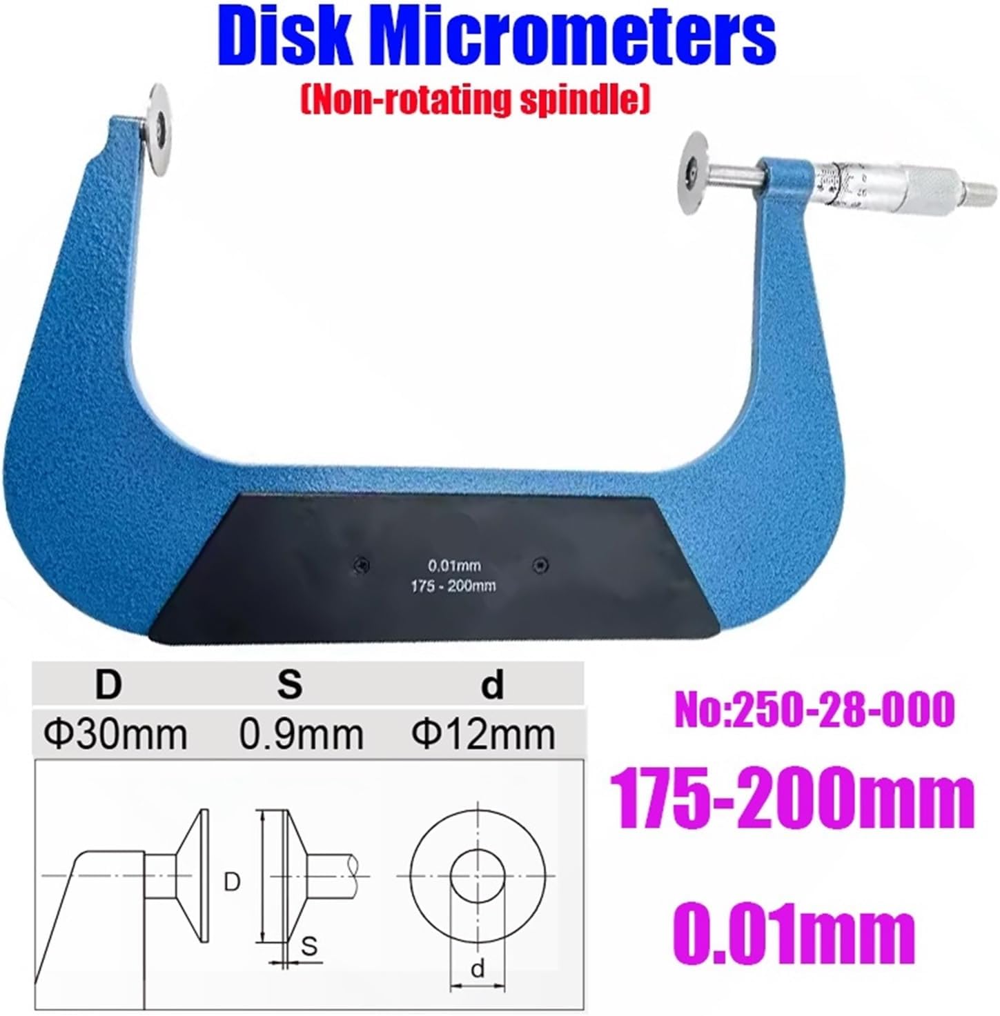 Outside Disk Type Micrometer 0-25mm 0.01mm Thickness Micrometers25-50mm 50-75 75-100 100-125 175-200mm 0.01(175-200mm NoRotating)
