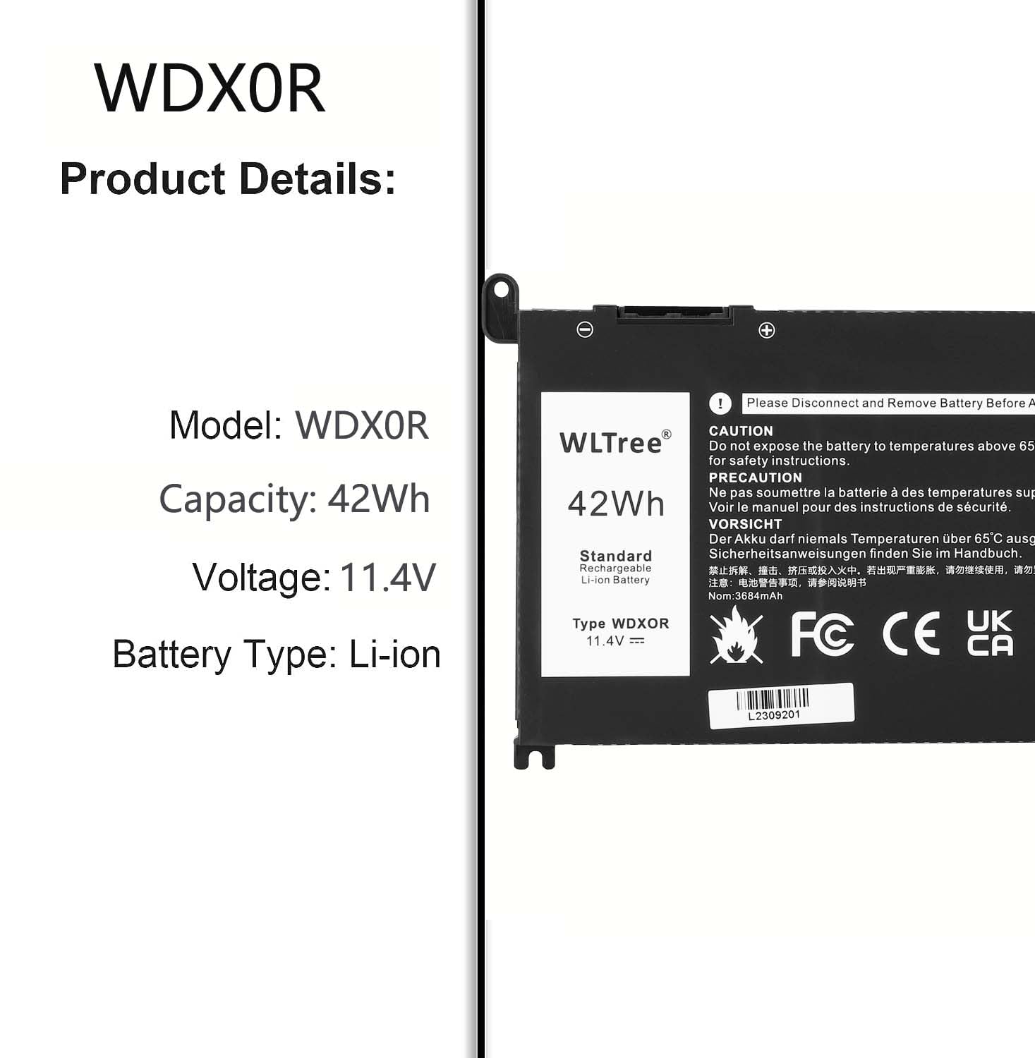 Batteria WDX0R per Portatile Dell Inspiron 13 5368 5378 5379 7368 7378 14 7460 15 5565 5567 5568 5578 7560 7570 7579 7569 17 5765 5767 5770 Latitude 3180 3189 3190 3480 3580 3379 3390 Battery